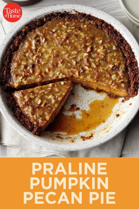 Praline Pumpkin Pecan Pie Pecan Praline Pumpkin Pie, Praline Pumpkin Pie Recipe, Praline Pecan Pie, Pumpkin Praline Pie, Pumpkin Pie Aesthetic, Praline Pumpkin Pie, Pumpkin Pecan Pie Recipe, Decadent Pies, Work Desserts