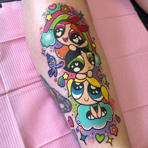 cartoon-tattoo-style-powerpuff-girls-roxie-ryder Ppg Tattoo, Cartoon Tattoos Colorful, Tattoo Comic Style, Power Puff Girls Tattoo, Him Tattoo Powerpuff, Cartoon Tattoos Women, Powerpuff Girls Tattoo, Bubbles Tattoo Powerpuff, Buttercup Tattoo Powerpuff Black And White