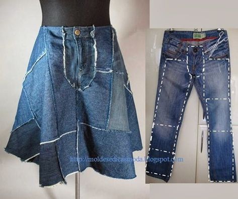 Stylish Ways to Alter Old Jeans into New Fashion-Turn Old Jeans into Patchwork Skirt Repurpose Old Jeans, Diy Clothes Videos, Diy Vetement, Repurposed Clothing, Denim Ideas, Recycled Jeans, Recycle Jeans, Upcycle Jeans, Denim Crafts