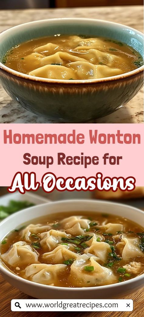 Dive into the heartwarming experience of homemade wonton soup, a beloved dish that marries a rich, savory broth with tender dumplings. This easy-to-follow recipe guides you through crafting delightful wontons filled with ground pork, fresh ginger, and green onions. Perfect for chilly evenings or cozy family dinners, this traditional wonton soup will transport your tastebuds to your favorite Asian restaurant. Asian Wonton Soup, Simple Dumpling Soup, Wonton Dumpling Soup, Best Wonton Recipe, Easy Dumpling Soup Recipe, Best Wonton Soup Recipe, Recipes With Wontons, Easy Wonton Soup Recipe, Won Ton Soup Recipe Easy