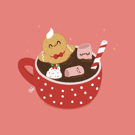 Kawaii Gingerbread Man Hot Chocolate and Marshmallows Christmas Card Illustration, Holiday Canvas, Hot Chocolate Marshmallows, Kawaii Christmas, Pink Xmas, Christmas Gingerbread Men, Kawaii Illustration, Handmade Sticker, Book Illustration Art