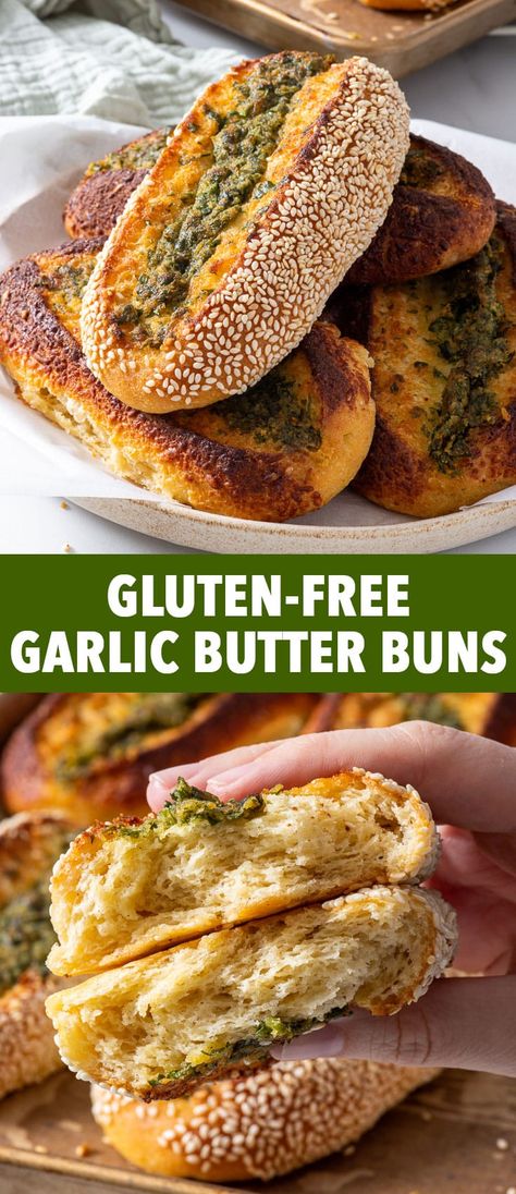 Gluten Free Garlic Butter Buns - These gluten free garlic butter buns are deliciously soft and fluffy, stuffed full of garlicky, buttery, herby goodness, and also super easy to make. Before proofing, they’re rolled in sesame seeds or grated parmesan cheese, which makes them look even prettier and also gives them an amazing flavour. Gluten free garlic bread recipe. Gluten free bread recipes. Gluten Free Bread Recipes, Gluten Free Garlic Bread, Butter Buns, Loopy Whisk, Gluten Free Burger, Homemade Gluten Free Bread, Gluten Free Sandwich Bread, Kid Recipes, Soy Free Vegan