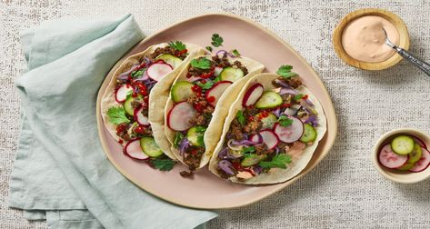 Looking for a quick and tasty weeknight dinner recipe? Our Korean Ground Beef Tacos will hit the spot and is ready in just 20 minutes. Carne Asada Tacos Recipe, Taco Recipes Ground Beef, Sesame Beef, Korean Ground Beef, Beef Tacos Recipes, Carne Asada Tacos, Hello Fresh Recipes, Beef Tacos, Camp Chef