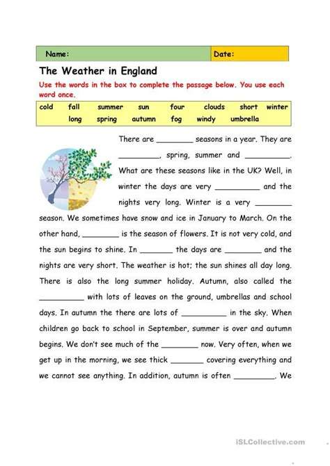 Weather Reading Comprehension, Cognitive Worksheets, Ideas Bookmark, Cloze Passages, Reading Comprehension Texts, Weather Vocabulary, Reading Comprehension For Kids, English Grammar Exercises, Reading Comprehension Lessons