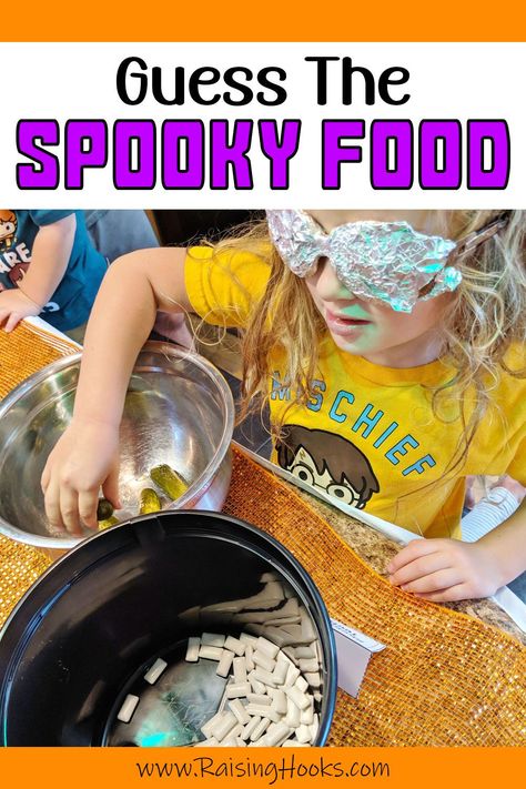 Spooky Food Guessing Game - Raising Hooks Halloween Food Games For Kids, Spaghetti Halloween Game, Halloween Food Guessing Game, Halloween Gross Food Guessing Game, Halloween Guess Whats In The Box Game, Halloween Guessing Game With Food, Halloween Guessing Game, Food Games For Kids, Gross Halloween Foods