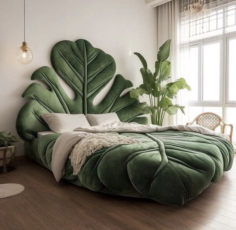 Green Bed Ideas, Whimsy Interior, Leaf Bedroom Decor, Funky Bed, Unique Bed Frame, Art Deco Bedroom Ideas, Cool Bed Frames, Unique Headboard Ideas, Unique Bed Frames