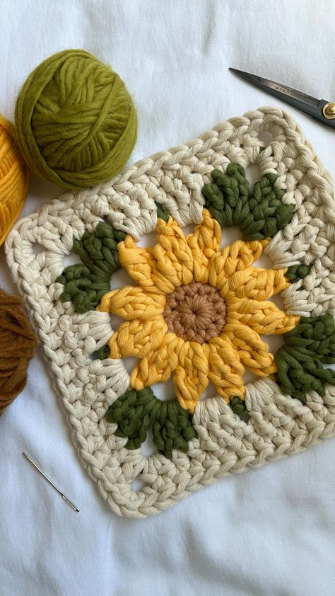 Caroline Langford - Floral Fiber Artist (@thehappyhomecollective) • Instagram photos and videos Sunflowers Granny Square, Crochet Lily Granny Square, Daffodil Granny Square, Leaves Granny Square, Crochet Gift For Mother, Carrot Granny Square, Granny Flower Crochet, Different Kinds Of Granny Squares, Crochet Brown Yarn