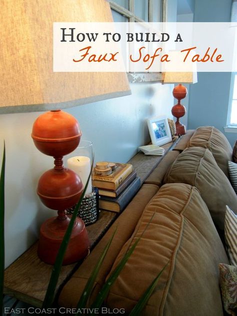 Faux Console Table. Just a piece of wood and L brackets can add so much style behind a plain couch. Simple tutorial!. Much Style, Sofa Table, Top Collection, Easy Step, How To Build, Home Living Room, Home Deco, Console Table, Home Projects