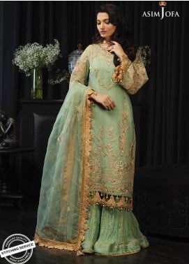 Asim Jofa Ishq-e-Naubahar Collection 2021 Elegant Green Organza Sharara, Green Organza Sharara With Floral Embroidery, Green Organza Sharara, Green Traditional Embroidered Organza Fabric, Pista Green Embellished Organza Sets, Sobia Nazir, Organza Suits, Winter Suits, Asim Jofa