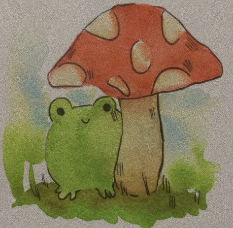 Mushroom And Frog Painting, Cottagecore Drawings Simple, Simple Mushroom Painting Ideas, Watercolor Art Doodles, Watercolor Fantasy Art Easy, Cottage Core Watercolor Paintings, Art Pencil Color Drawings, Mushroom Watercolor Paintings Easy, Water Coloring Painting Ideas Simple