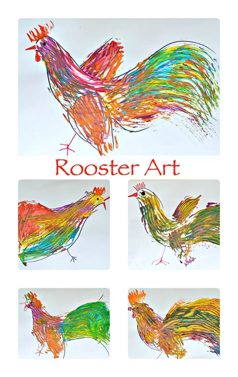 Rodeo Art, Rooster Art, 3rd Grade Art, Farm Art, Chicken Art, Elementary Art Projects, Art Projects For Kids, Art Camp, Art Lesson Ideas