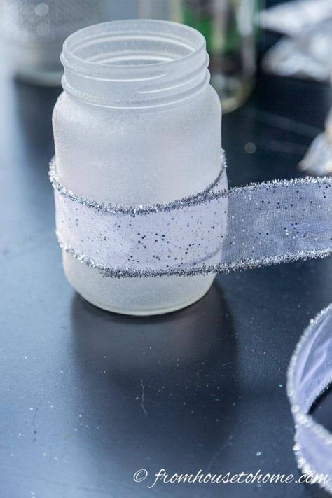 Frosted Glass Candle Holder, Frosted Glass Candle, Jar Decorations, Frosted Mason Jars, Thrifty Crafts, Glitter Spray Paint, Ribbon Wreaths, Paint Recipe, Diy Christmas Decorations For Home