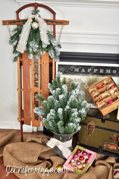 Repurpose a sled and some old xmas tree branches Repurpose Christmas Tree, Christmas Tree Quotes, Old Christmas Tree, Fake Christmas Tree, Recycled Christmas Tree, Faux Christmas Trees, Recycled Christmas, Tree Quotes, Faux Christmas