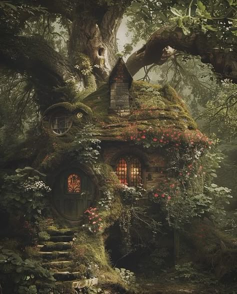 Shadow Wraith, Fae Cottage, Forest House Aesthetic, Fantasy Dwellings, Witchy House, Fantasy Cottage, Sacred Garden, Enchanted Cottage, Fairytale House