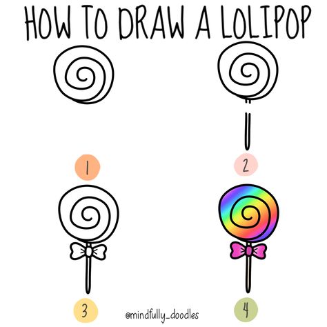 Draw this fun and simple lolipop with a step by step guide, art, digital art, artist How To Draw Candy, Cute Doodles Easy Step By Step, Candy Drawing Easy, Lolipop Art, Dotted Letters, Toddler Drawing, Flower Pattern Drawing, Drawing Lessons For Kids, Cute Easy Doodles