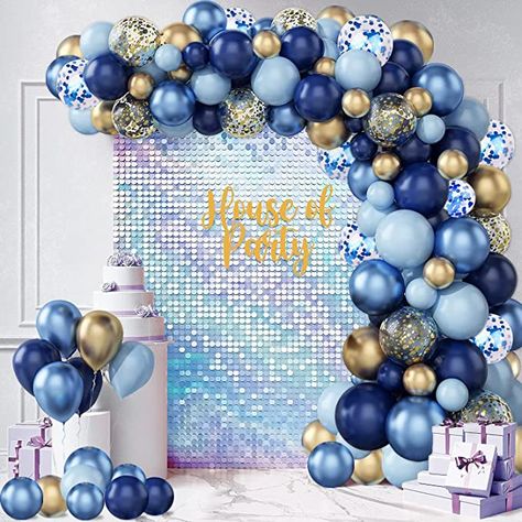 Blue And Gold Balloons Decoration, Blue And Gold Balloon Arch, Navy Blue Balloon Garland, Gold Themed Birthday Party, Blue And Gold Party, Gold Balloons Decorations, Blue Balloon Garland, Gold Balloon Arch, Music Birthday Party