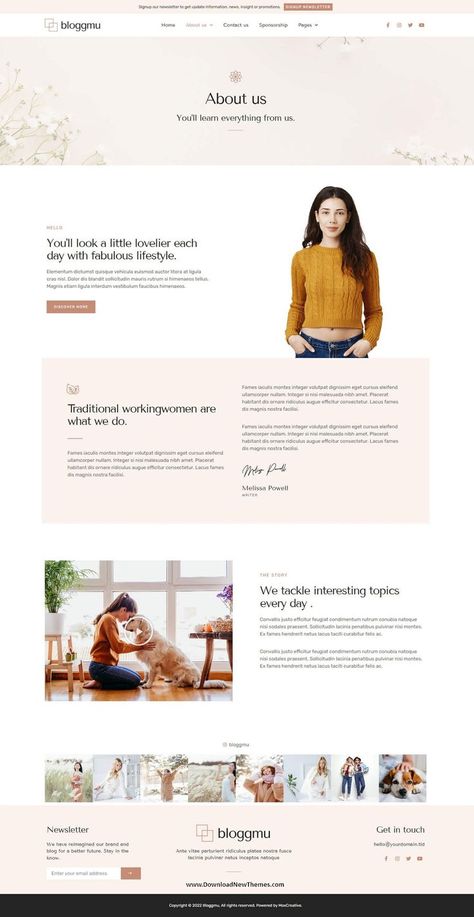 Bloggmu - Feminine Blog Elementor Template Kit a clean, elegant and modern design Feminine Blog Elementor Template Kit designed for feminine style blog, blogger, blogging and magazine publishing editorial website. With beautiful homepage layouts, 12+ pre-designed inner pages such as: About Us, Sponsorship, Team, Gallery, Sponsorship, Archive, Categories, Search Result, Error 404 and Contact Us to download now & live preview click on image 👆 Church Website Design, Editorial Website, About Us Page Design, Blog Website Template, Feminine Website, Website Design Inspiration Layout, Magazine Website, Website Template Design, Website Design Layout