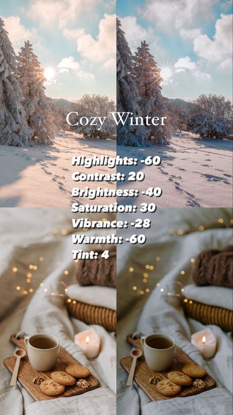 Cozy Photo Editing, Snow Photo Editing, Aesthetic Instagram Pictures Winter, Iphone Photo Edit Settings Christmas, Winter Photo Filter, Cozy Filter Iphone, Christmas Photo Edit, Christmas Photo Filter Iphone, Christmas Filter Iphone