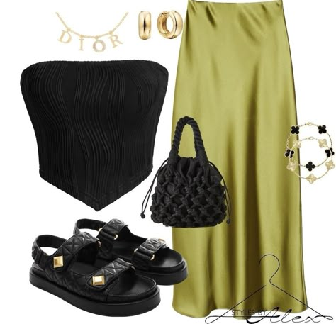 Outfits For An Event, Olive Skirt Outfit Summer, Breakfast Outfits Summer, Polyvore Outfits Summer Classy, Fashion Inspo Outfits 2024, Polyvore Skirt Outfits, Olive And Black Outfit, Summer 2024 Outfit, Daytime Holiday Outfit