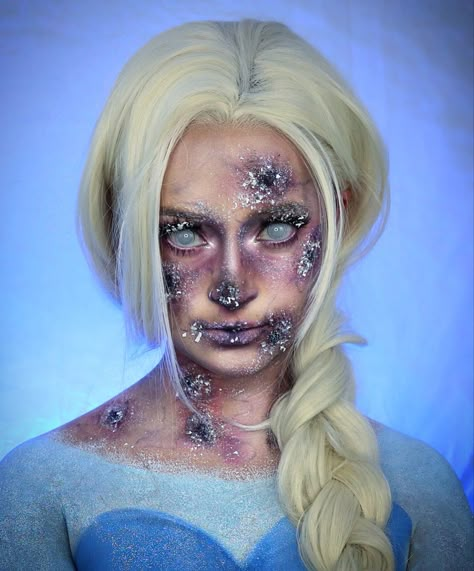 Glam And Gore Mykie Special Effects, Frozen Zombie Makeup, Halloween Elsa Makeup, Disney Scary Halloween Costumes, Zombie Disney Princess Costume, Frozen Sfx Makeup, Scary Elsa Costume, Creepy Disney Princess Makeup, Dead Disney Princess Costume