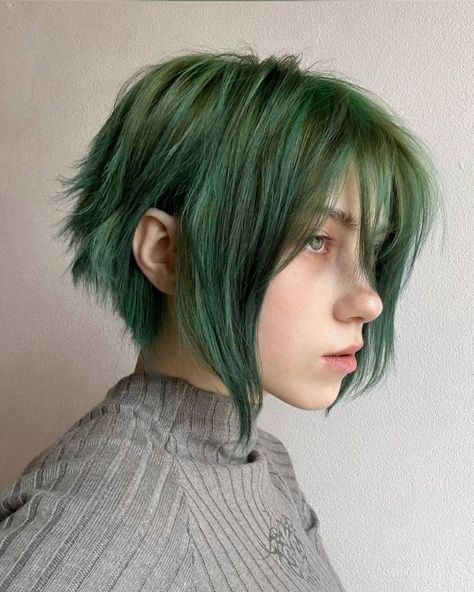 Tomboy Twintails Haircut, Green Hair Inspiration, Tomboy Sidetails, Green Hair Short, Moss Green Hair, Fairy Haircut, Green Short Hair, Short Green Hair, Best Haircuts For Women