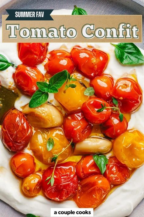 Turn tomatoes into gold with our tomato confit recipe, which tastes like a burst of summer sunshine! Slow roasting cherry tomatoes in olive oil turns them rich and concentrated, with a jammy, melt-in-your-mouth texture and sweet caramelized flavor. Tomato Desserts, Roasting Cherry Tomatoes, Cherry Tomato Confit, Party Food Vegan, Tomatoes In Olive Oil, Cherry Tomatoes Recipe, Tomato Confit, Confit Recipes, Cherry Tomato Recipes