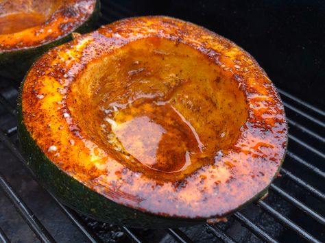 Smoked Acorn Squash, Smoked Acorn Squash Recipes, Smoked Squash, Cooking Acorn Squash, Grilled Acorn Squash, Bourbon Maple Syrup, Woodfired Pizza, Traeger Cooking, Oven Ideas