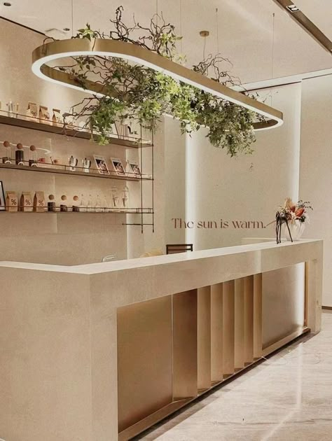 High-End Warm Color Reception Design Ideas for designer、shop owner、hair salon、nail salon and beauty store. Reception Design Ideas, Massage Room Design, Spa Interior Design, Spa Reception, Salon Suites Decor, Retail Store Display, Display Retail, Spa Interior, Beauty Salon Design