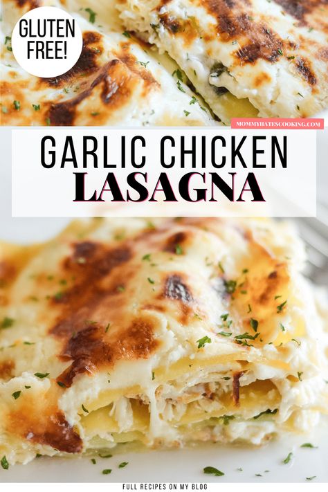 Gluten Free Garlic Chicken Lasagna is the perfect choice for an easy dinner using oven-ready pasta and it serves up to 8! Healthy Gluten Free Dinner Recipes For Family, Gf Dinner Recipes Chicken, Gluten Free Easy Bake Oven Recipes, Gluten Free Oven Recipes, Gluten Free Lactose Free Recipes Dinner, Dinner Ideas Gluten Free Main Dishes, Easy Cheap Dairy Free Dinners, Easy Delicious Gluten Free Dinners, Meals Without Gluten