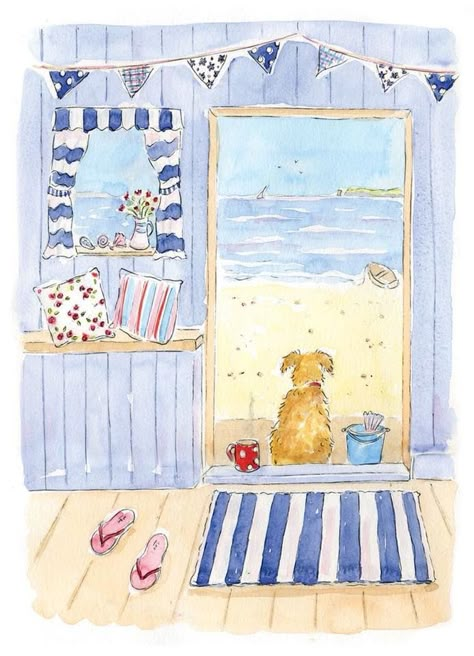 Painted Dog House, Watercolour Beach, Seaside Art, Watercolour Ideas, 강아지 그림, Watercolor Paintings For Beginners, Beach Huts, Watercolor Paintings Tutorials, Happy Paintings