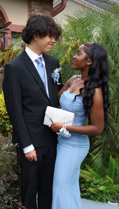 Blatino Luv, Bwwm Prom, Blue Hoco Couple, Prom Colors For Couples, Prom Outfits For Couples, Black Prom Dresses Mermaid, Prom Couples Outfits, Blasian Couples, Couple Prom