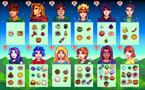 Stardew Valley Relationships, Stardew Valley Marriage Candidates, Stardew Valley Favorite Gifts, Stardew Valley Outfit Ideas Starter, Stardew 1.6, Stardew Valley Gift Guide, Stardew Valley 1.6, Stardew Valley Character Design, Stardew Valley Winter