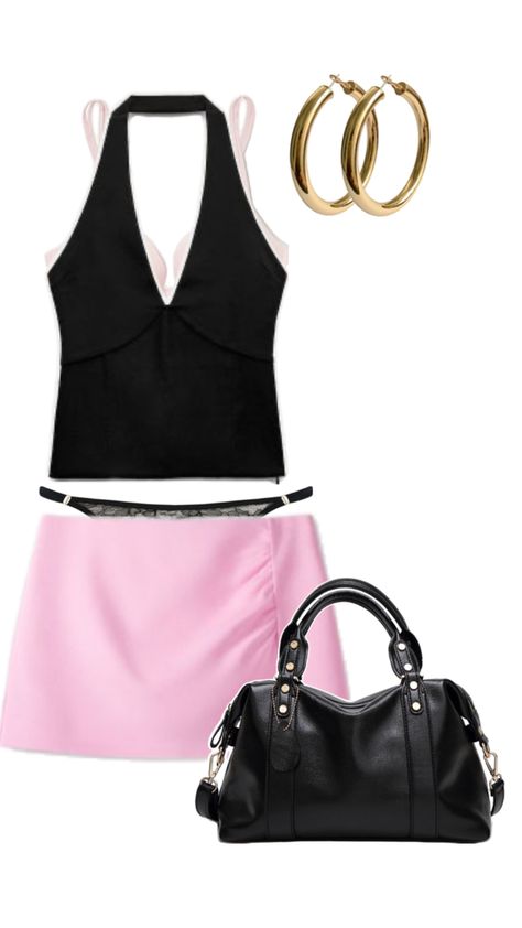 pink mini skirt, black thong, black halter neck top, pink bra, black bag and chunky hoop earrings Summer Party Outfit, Pink Mini Skirt, Mini Skirt Black, Chunky Hoop Earrings, Black Halter, Halter Neck Top, Pink Mini, Pink Bra, Black Bag