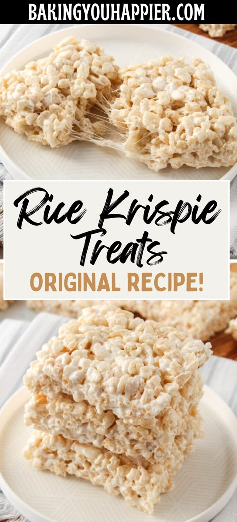 Rice Krispie Treats, this is the original 3-ingredient recipe for Rice Krispie Treats! Every bite is perfectly crispy and ooey-gooey! Star Shaped Rice Krispie Treats, Easy Rice Krispy Treats Recipe, Rice Krispie Homemade, Rice Krispie Treats Cereal Recipe, Best Rice Krispie Treats Recipe 9x13, Gf Df Rice Krispie Treats, Ride Krispie Treats Recipe, Rice Crispy Treats Marshmellow, Store Bought Rice Krispy Treats