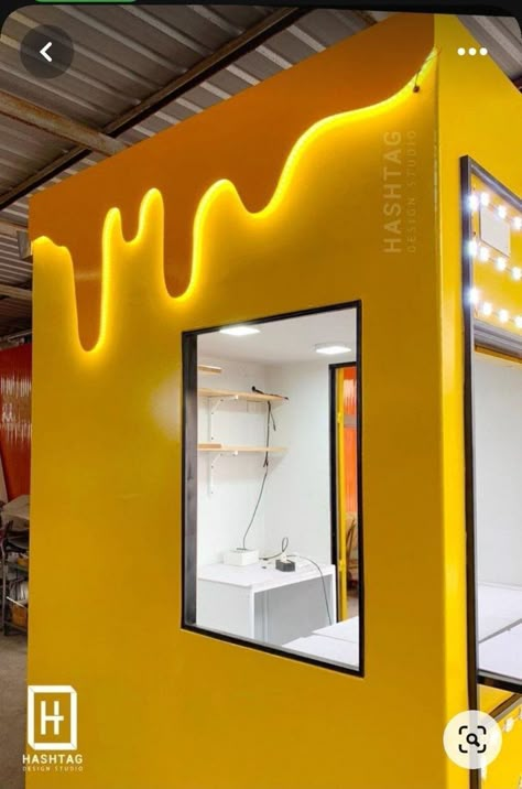 Yellow Building, Event Booth Design, Lemon Honey, Cafe Shop Design, Kiosk Design, Stall Designs, Cafe Interior Design, Ice Cream Shop, Signage Design