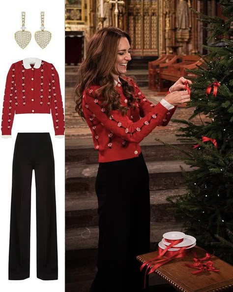 Kate Middleton Christmas Outfit, Red Top Christmas Outfit, Classic Christmas Outfits Women, Christmas Tea Party Outfit, Classic Christmas Outfit, Christmas Mass Outfit, Kate Middleton Christmas, Christmas Eve Outfits Casual, Xmas Outfit