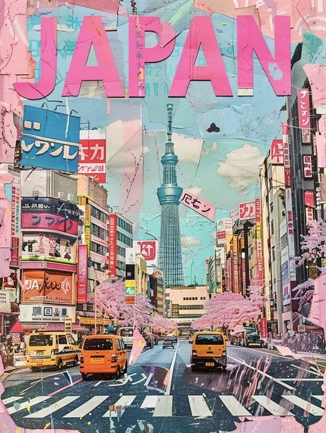 Japan 80's Aesthetic, City Collage, Japan Graphic Design, Pastel Color Background, Tokyo Streets, Japanese Pop Art, Learn Photo Editing, Dreamy Artwork, Paper City