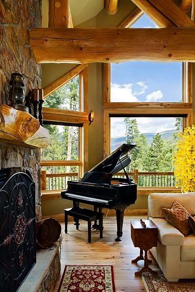 Large great room glass allows you to enjoy to lot’s view.. cedarhomes.com #livingroomdecor Piano Room, Grand Piano, Salou, Design Del Prodotto, The Piano, Cabin Homes, A Living Room, Music Room, Log Homes