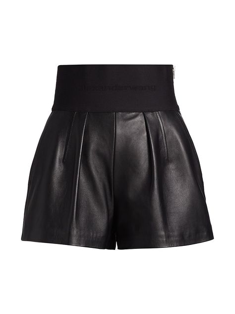 "Find ALEXANDER WANG Leather Safari Shorts on Editorialist. Cut in a tailored fit, Alexander Wang's Safari shorts are crafted of luxe lambskin leather and feature a large elasticized logo waistband for added comfort. Elasticized waist Side pockets Front pleats Side-zip closure 100% lambskin Lining: 100% viscose Elastic: 52% nylon/39% polyester/9% elastane astane Dry clean Imported SIZE & FIT Model measurements: 5'10\" tall Model is wearing a US size 4 ABOUT THE BRAND New York-based fashion wunde Safari Shorts, Sunday Style, Utilitarian Style, Fashion Poses, Designer Outfits Woman, Alexander Wang, Lambskin Leather, Saks Fifth, Saks Fifth Avenue