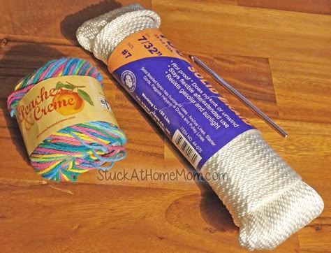 How to Crochet a Rope Basket with a Rectangle Base - @stuckathomemom Crochet Over Rope, Rectangle Crochet Basket Pattern Free, Rope Bowl Tutorial, Diy Crochet Rope Basket, Rope Rug, Diy Rope Basket, Crochet Storage Baskets, Scrap Yarn Crochet, Crochet Basket Pattern Free