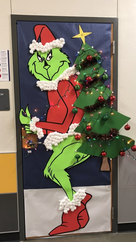 The Grinch Christmas Door Ideas, Christmas Door Grinch Decorations, Decorated Christmas Doors At Work, Holiday Door Contest Decorating Ideas, Office Christmas Door Contest Grinch, Fleece Navidad Door Decoration, Christmas Door Decorations The Grinch, Grinch Themed Door Decorations, The Grinch Classroom Door Decorations