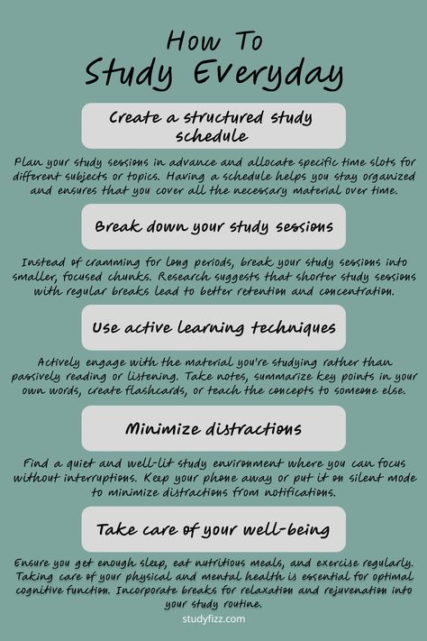 Develop a consistent study routine and make studying a daily habit with these effective tips!

Discover practical strategies to stay motivated, manage your time efficiently, and create a conducive study environment. From setting achievable goals to incorporating active learning techniques, these tips will help you make studying an integral part of your daily routine. Start building a strong foundation for success today! How To Avoid Laziness While Studying, 5am Study Routine, How To Study Effectively Tips, How To Stay Motivated To Study, How To Start Studying, Active Learning Strategies, Study Environment, Study Routine, Study Stuff