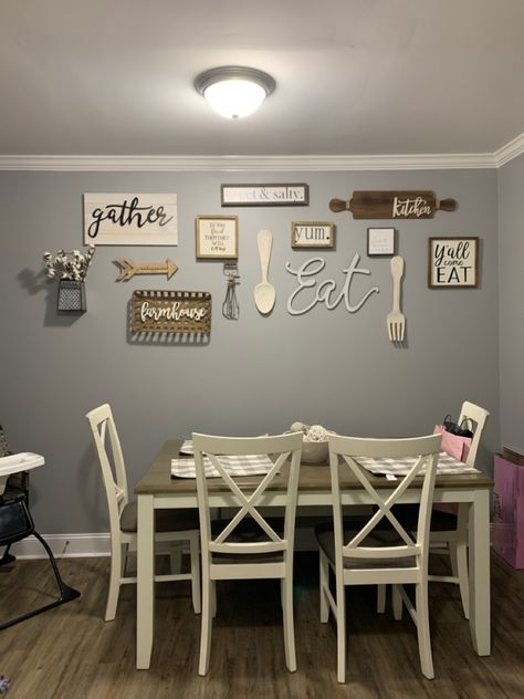 Hobby Lobby Kitchen Wall Decor, Kitchen Collage Wall Ideas, Collage Wall Ideas, Hobby Lobby Kitchen, Hobby Lobby Kitchen Decor, Kitchen Collage, Room Pictures Ideas, Kitchen Wall Decor Farmhouse, Dining Room Pictures