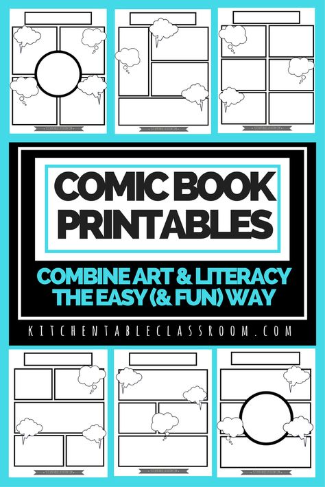 Basically any excuse for my kids to take pen to paper and I'm there.These free comic book templates printables are a fun way to keep your kids writing! Printable Comic Book Pages, Comic Book Template Free Printable, All About Me Free Printables, Blank Comic Book Pages, Printable Art Activities, Comic Strip Template, Blank Comic Book, Comic Book Template, Comic Book Drawing