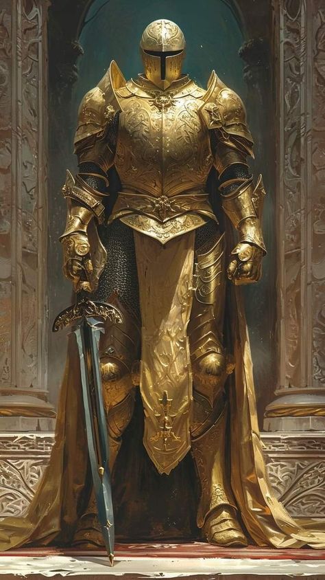 Golden Fantasy Armor, Golden Warrior Fantasy Art, Golden Knight Fantasy Art, Golden Armor Fantasy Art, Fantasy Paladin, Fantasy Soldier, Fantasy Flag, Golden Armour, Epic Warrior