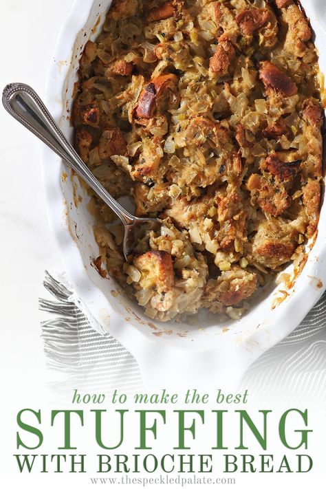 This classic Bread Stuffing calls for simple ingredients and tastes like the classic recipe. The perfect homemade side at any holiday table! #easyentertaining #thanksgiving #speckledpalate Classic Bread Stuffing Recipe, Brioche Stuffing, Homemade Stuffing Recipes, Best Stuffing Recipe, Stuffing Thanksgiving, Best Stuffing, Bread Stuffing, Homemade Stuffing, Make Bread