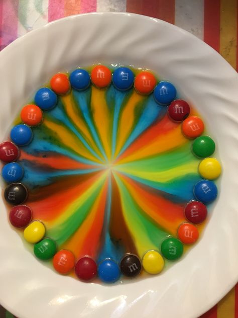 To make this DIY M&M rainbow you first have to grab a white plate { to see the M&M rainbow better } then put different colour M&M around the edges of the plate and get water and pour the water { cold water } in the middle of the plate and slowly the rainbow will come out!!!🌈🤗 Mr Whippy, Elf Of The Shelf, Halloween Art Projects, Gardening Crafts, March Activities, M And M, Water Pictures, Art Cafe, Candy Art