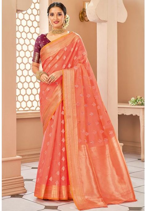 Coral Peach Silk Saree with Contrast Blouse Peach Silk Saree With Contrast Blouse, Peach Saree Contrast Blouse, Orange Saree Contrast Blouse, Saree Contrast Blouse, Peach Color Saree, Peach Saree, Salmon Pink Color, Design Saree, Orange Saree