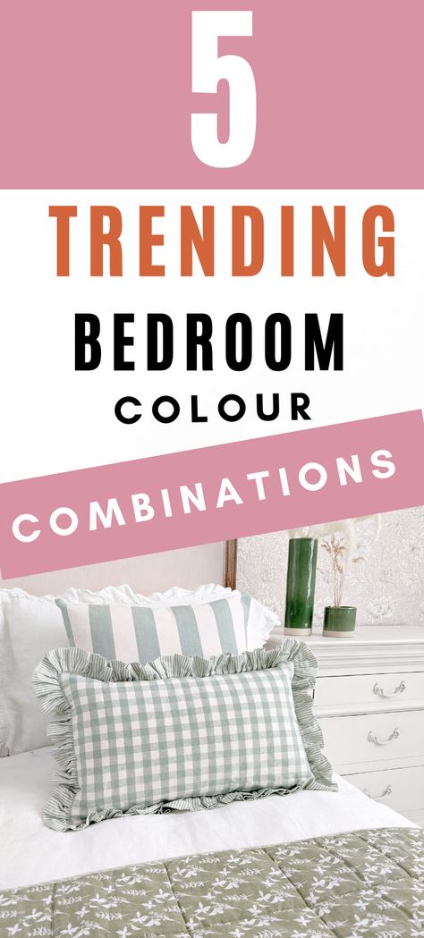 5 trending bedroom colour combinations, sage green gingham pillow on bedding with green patterned throw next to a white bedside table with green vase on top Bedroom Color Schemes 2023, Bedroom Colour Trends 2023, Bedroom Color Combination 2023, Trending Master Bedrooms 2023, Cozy Guest Bedroom Ideas Color Combos, Bedroom Paint Colours 2023, Bedroom Colour Ideas For Small Rooms, Bedroom Colour Ideas For Couples, Bedroom Ideas 2023 Design Trends