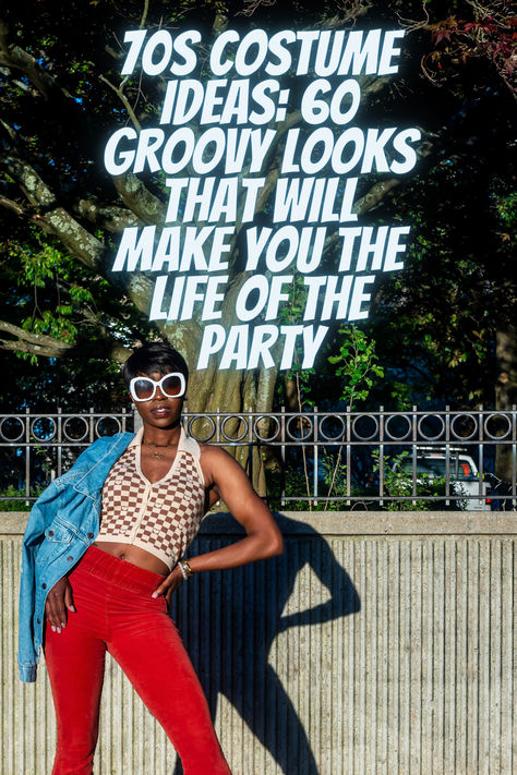 Fashionable woman posing with one hand on her hip in vibrant red bell bottoms, embodying the spirit of the 70s with the overlay text '70s Costume Ideas: 60 Groovy Looks That Will Make You the Life of the Party. 70 Costume Ideas 1970s 70s Party, 1970s Party Ideas, 70s Pimp Fashion, 1970s Costume Ideas, 70 Halloween Costumes, 70s Dress Up Day At School, 70s Costume Ideas For Women, 70s Theme Party Outfit For Women, 60s Costume Ideas